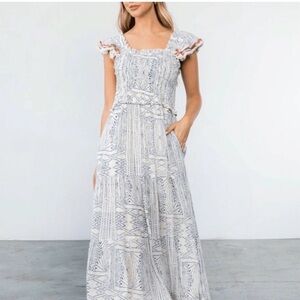Size S THML Boho Printed White & Blue Cap-Sleeve Midi Dress